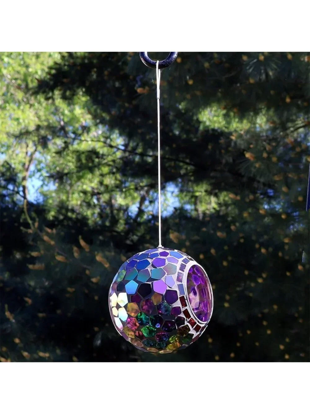 Iridescent Purple Mosaic Hanging Bird Feeder - 6-Inch Glass for Outdoors